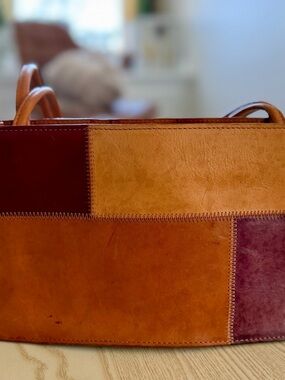 Pelle Studio Patchwork Shoulder Bag in Tan, Brown and Burgundy